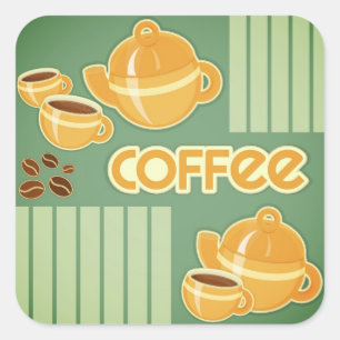 Sticker Carré Tasses À Café, Cafetière Et Fèves De Café