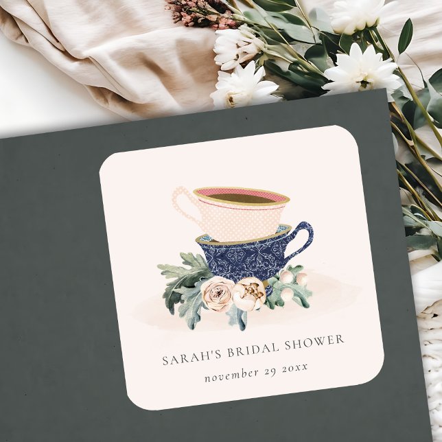 Sticker Carré Tasses Bleues Rougissantes Fleuries pour une Fête  (Créateur téléchargé)