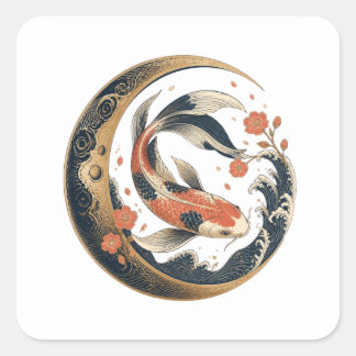 Sticker Carré Tatouage artistique de carpe koï japonaise Yin Yan
