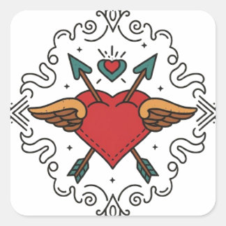 Sticker Carré Tatouage Cupide au coeur floral