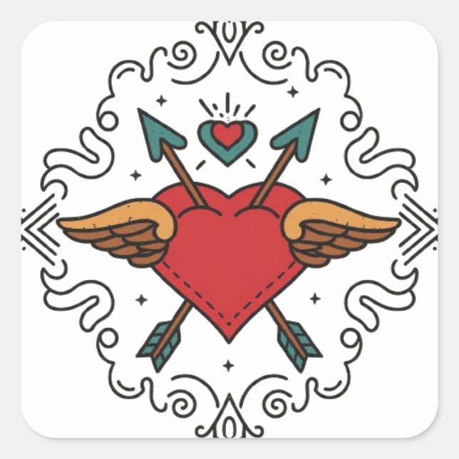 Sticker Carré Tatouage Cupide au coeur floral (Devant)