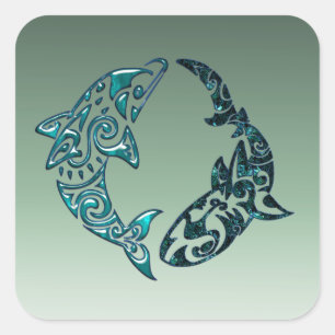 Sticker Carré Tatouage tribal de dauphin et de requin