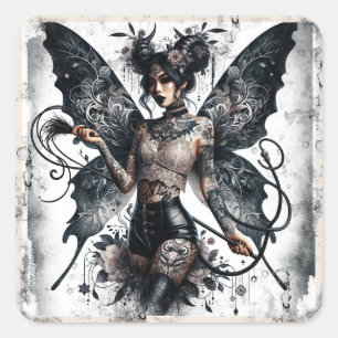 Sticker Carré Tatouages de fée asiatique gothique de beauté somb
