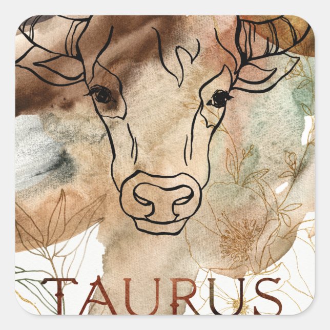 Sticker Carré Taurus taureau brun or fleurs planètes astrologie  (Devant)