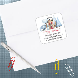 Sticker Carré Tea Kettle Accueil Noël 1.5" Adresse Retour
