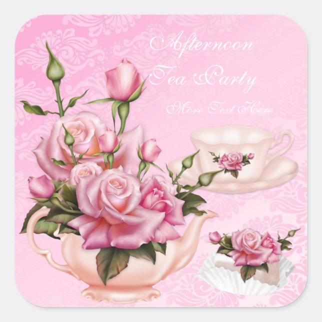 Sticker Carré Tea Party Peach Peach Rose Floral Teapot (Devant)