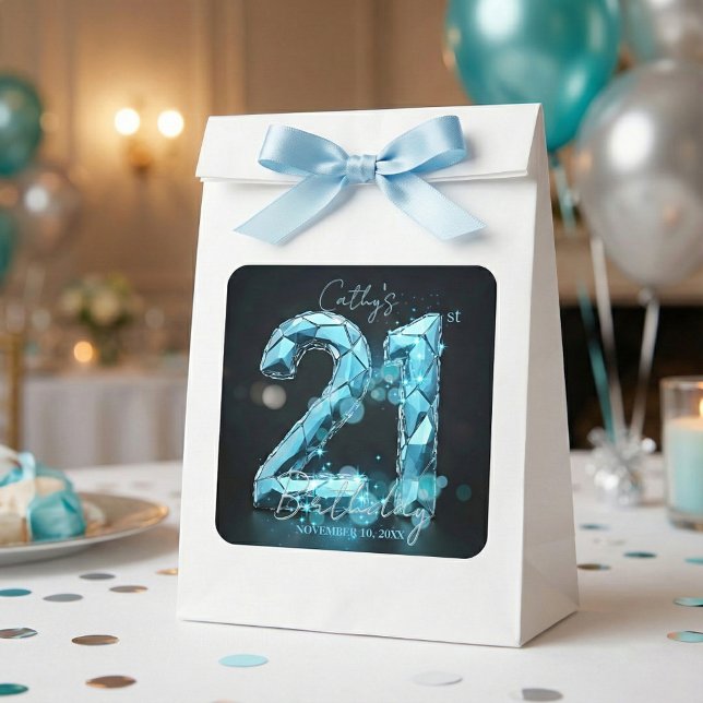 Sticker Carré Teal Blue Crystal Glam Sparkle 21st Birthday Party (Créateur téléchargé)