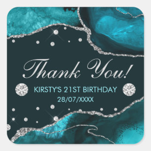 Sticker Carré Teal & Faux Pailleté d'Agate Anniversaire