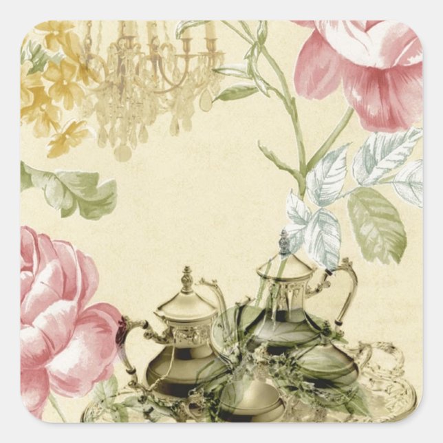 Sticker Carré Teapot Tea Party Paris Floral (Devant)