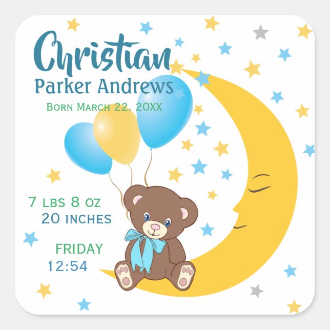 Sticker Carré Teddy Bear assis sur la Lune Baby Birth Statistiqu (Devant)