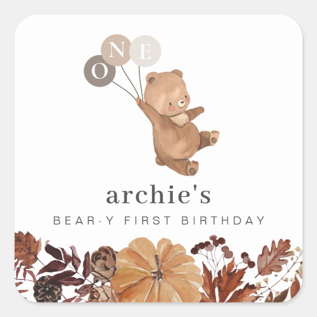 Sticker Carré Teddy Bear Citrouille - 1er Anniversaire (Devant)