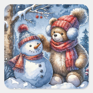 Sticker Carré Teddy Bear et Snowman