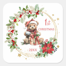 Sticker Carré Teddy Bear Foliage Poinsettia Bébé 1er Noël