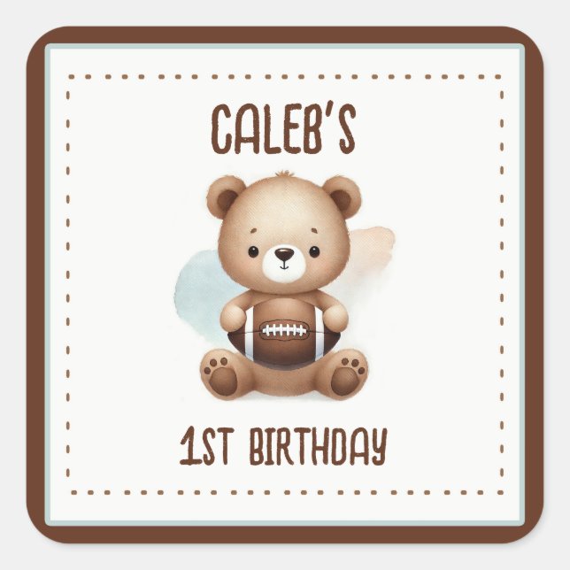 Sticker Carré Teddy Bear Football Aquarelle 1ère fête d'annivers (Devant)