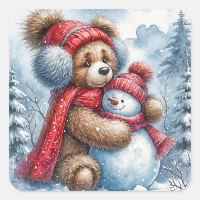 Sticker Carré Teddy Bear frappe un Snowman (Devant)