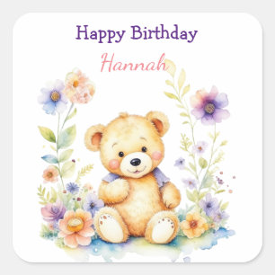 Sticker Carré Teddy Bear in Flowers Fête d'anniversaire de fille