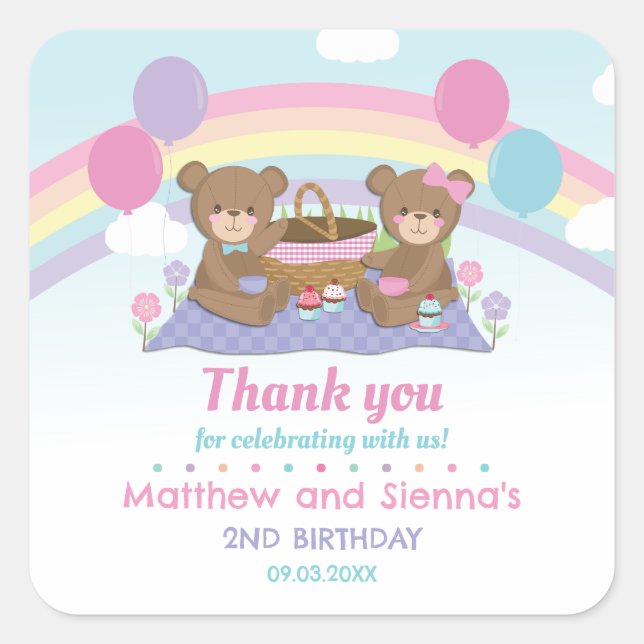 Sticker Carré Teddy Bear Pique-nique Rainbow Twins Garçon Fille  (Devant)