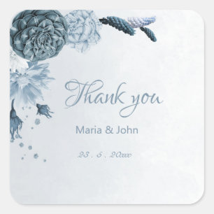 Sticker Carré teintes bleues poussiéreuses fleurs merci autocoll