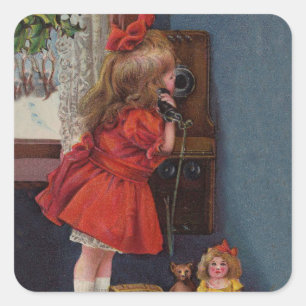 Sticker Carré Téléphone Antique de Petite Fille de Noël