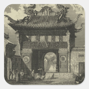 Sticker Carré Temple impérial asiatique en noir et blanc