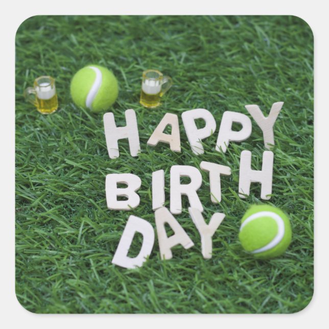 Sticker Carré Tennis Joyeux Anniversaire Avec balle de tennis su (Devant)