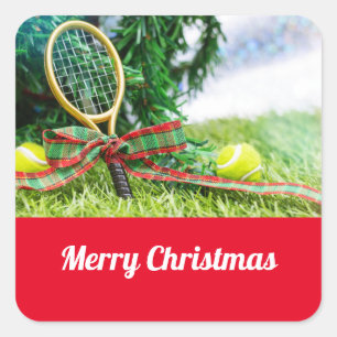 Sticker Carré Tennis Noël avec balle et raquette sur arbre