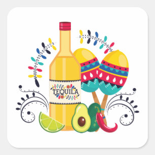 Sticker Carré Tequila, Maracas Art populaire mexicain