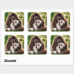Sticker Carré Terre-Neuve dodu brun et blanc Landseer