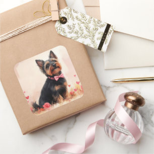Sticker Carré Terrier australien avec Rose - Saint Valentin