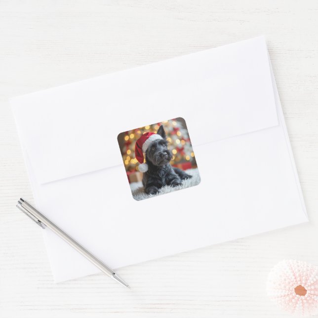 Sticker Carré Terrier écossais de Noël à la fourrure (Enveloppe)