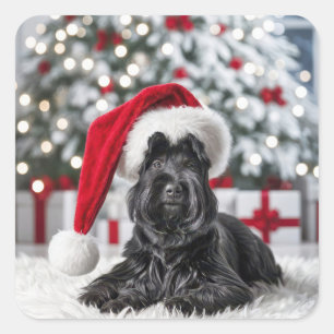 Sticker Carré Terrier écossais de Noël sur un tapis blanc