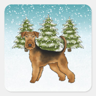 Sticker Carré Tervueren Airedale Terrier Chien Neigeux Forêt Hiv