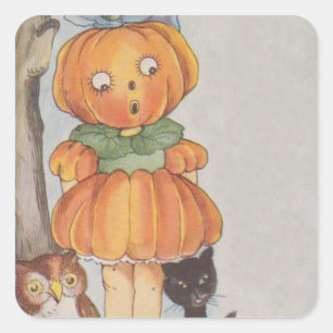 Sticker Carré Tête de citrouille Jack O Lanterne Chat noir Hibou