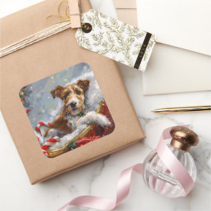 Sticker Carré Tête de Fox Terrier de Noël Festive