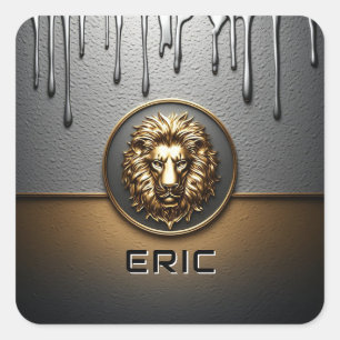 Sticker Carré Tête de Lion Doré avec Métal qui Coule 🦁