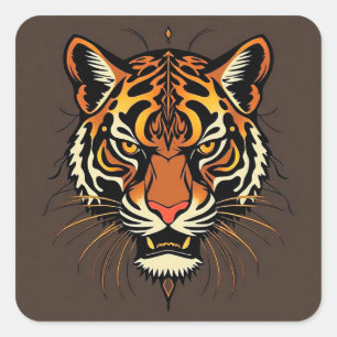 Sticker Carré 🐅 Tête de Tigre Tribal Motif Animé Gras Art 🐅