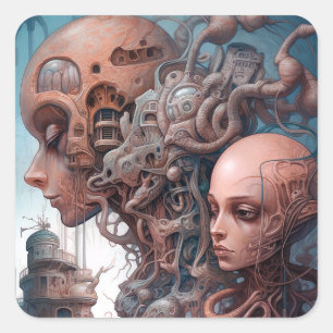 Sticker Carré Têtes biomécaniques Surreal Sci-Fi Art
