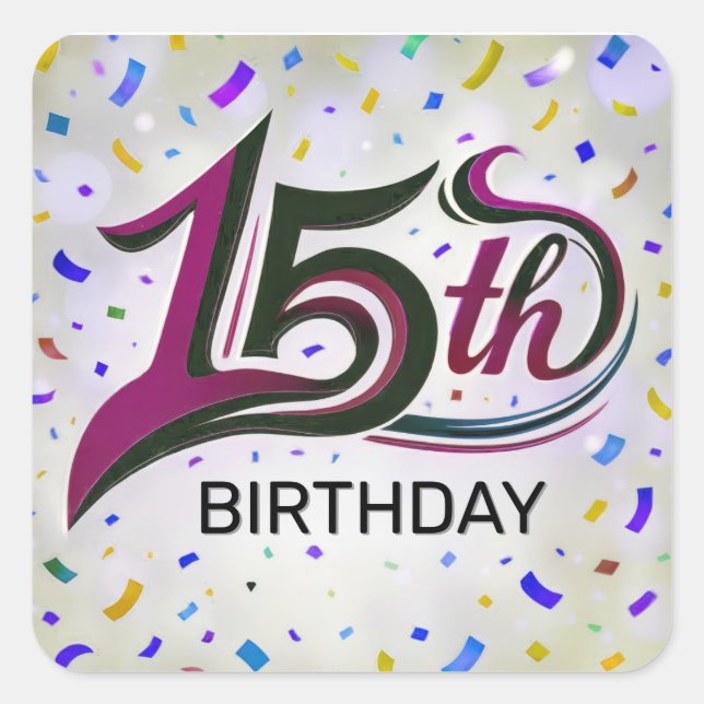 Sticker Carré Texte du 15e anniversaire avec Confetti de fête (Devant)