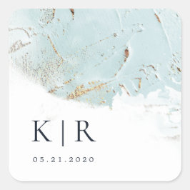 Sticker Carré texturé bleu or faux feuille Mariage élégant