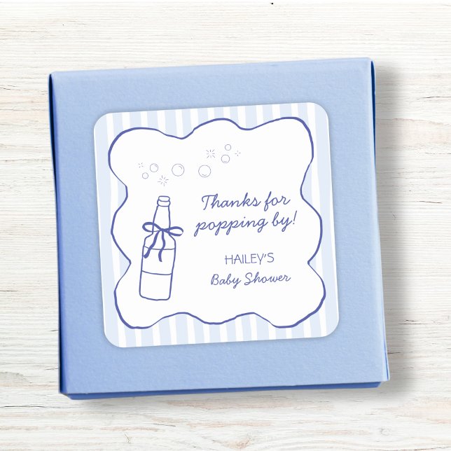Sticker Carré Thanks For Popping By Soda Bottle Blue Baby Shower (Thanks For Popping By Soda Bottle Blue Baby Shower Square Sticker)