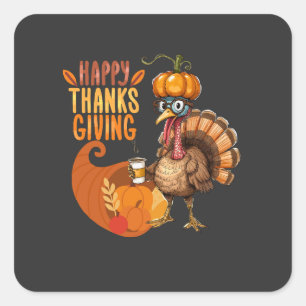 Sticker Carré Thanksgiving Turquie avec Casquette Citrouille
