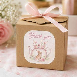 Sticker Carré Théière fantaisiste lapin rose floral Merci