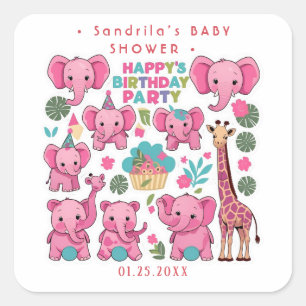 Sticker Carré Thème Animaux Safari Rose Fête d'anniversaire fill