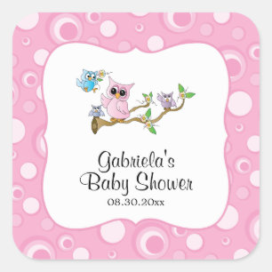 Sticker Carré Thème Baby shower Chouette Bébé Rose