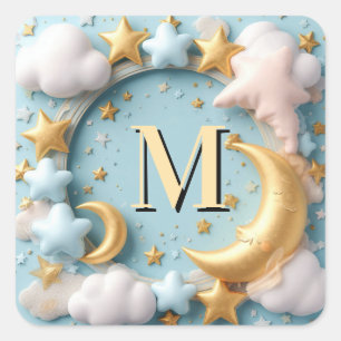 Sticker Carré ⭐ Thème Bébé Lune et Nuages Fantaisistes ⭐