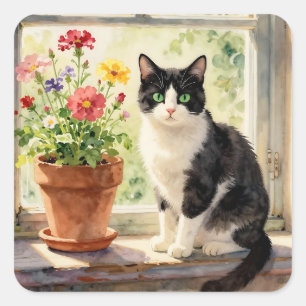 Sticker Carré Thème chat et fleurs