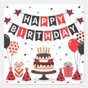Sticker Carré Thème de coccinelle joyeux anniversaire mignon
