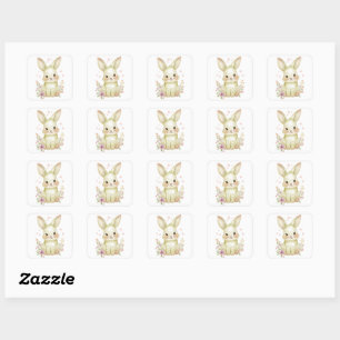Sticker Carré Thème de fête de lapin vert olive mignon floral pa