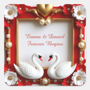 Sticker Carré 🦢 Thème de mariage Cygne Perle Or Rouge 💍