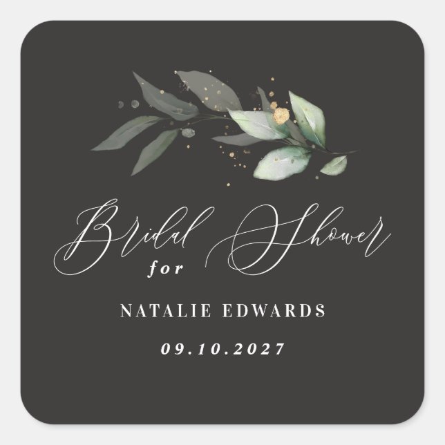 Sticker Carré Thème de mariage eucalyptus or noir  (Devant)
